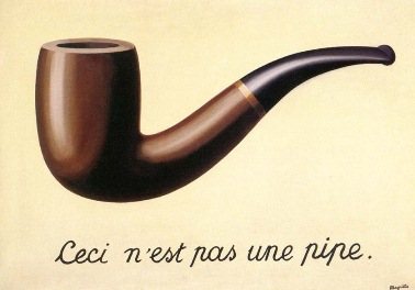 A painting of a brown tobacco pipe on a plain background, with the handwritten French words for “This is not a pipe” underneath.