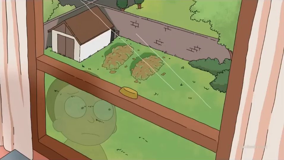 A cartoon view through a bedroom window to a backyard with two patches of turned earth.